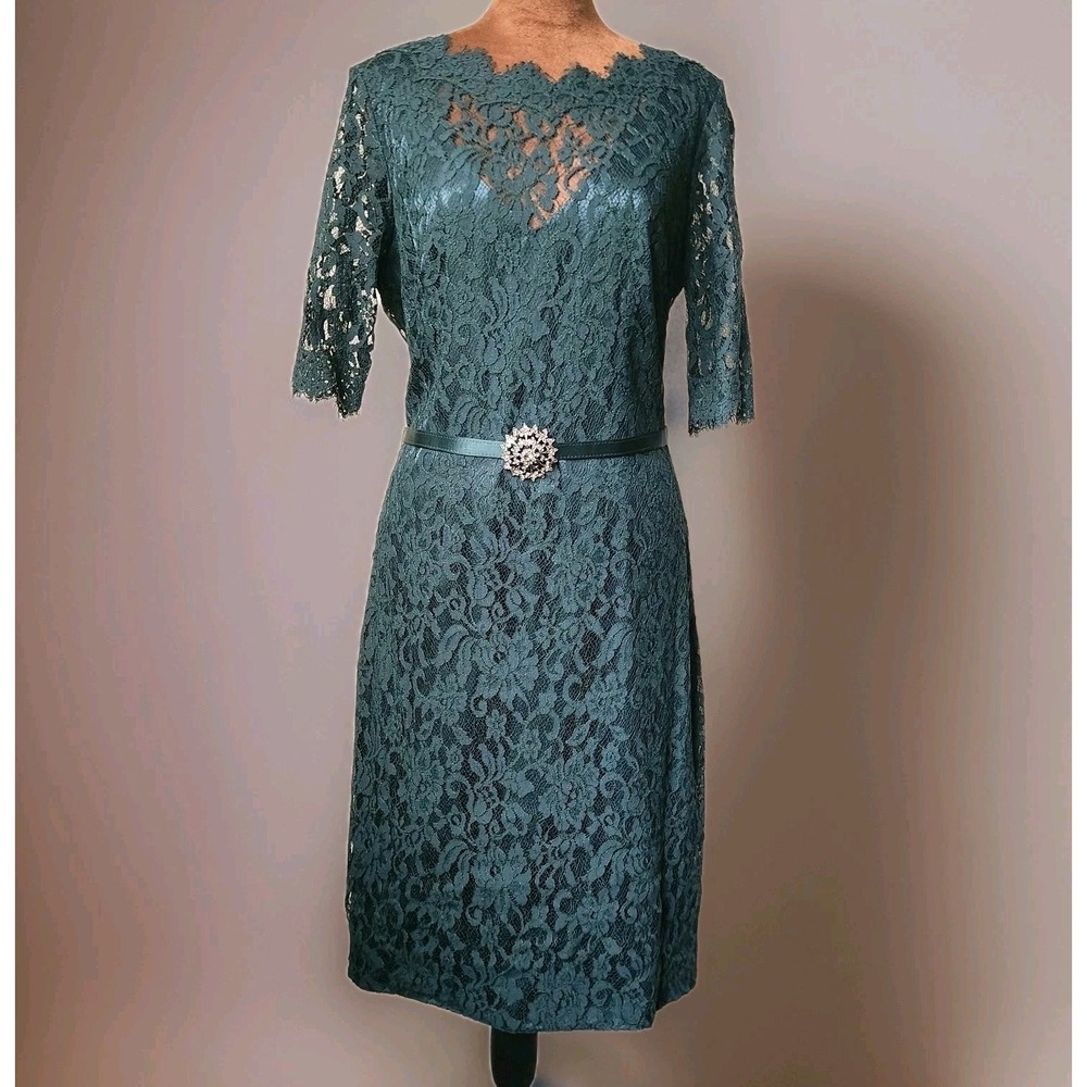 Theia Dress Size 12 Dark Green Lace‎ Sheath Knee Length Belted Rhinestone